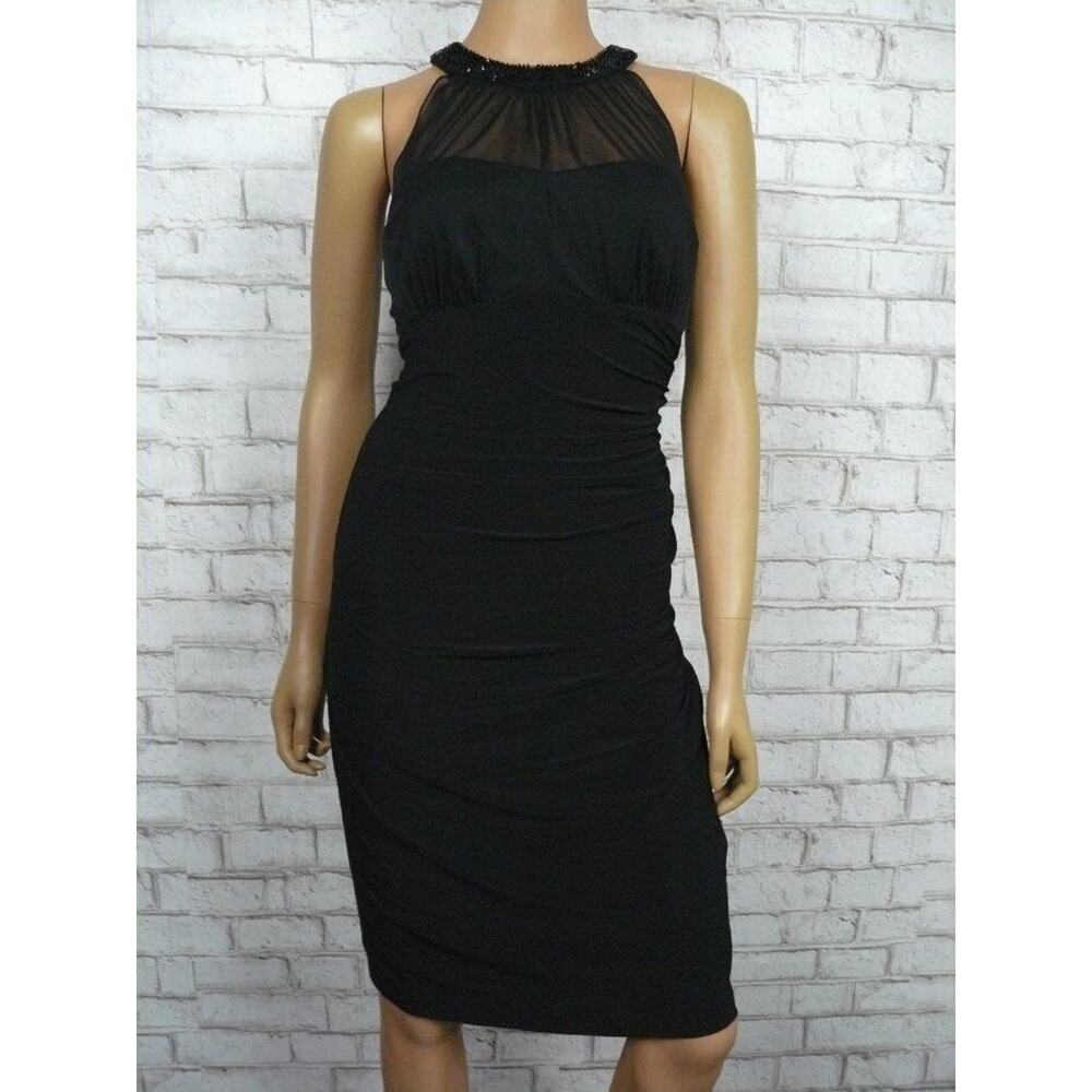 Ralph Lauren Black Beaded Illusion Neckline Ruched Jersey Dress 6 NEW